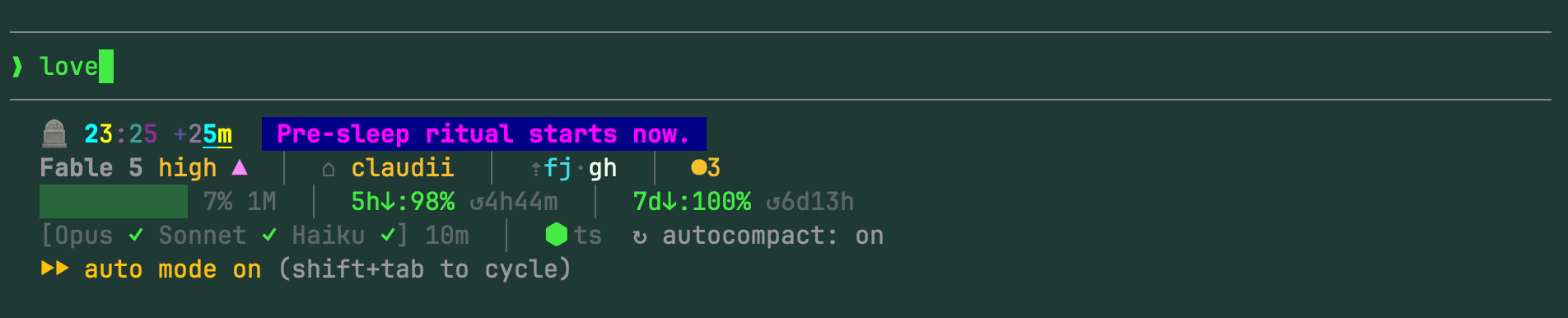 claudii sessionline status bar inside a Claude Code session