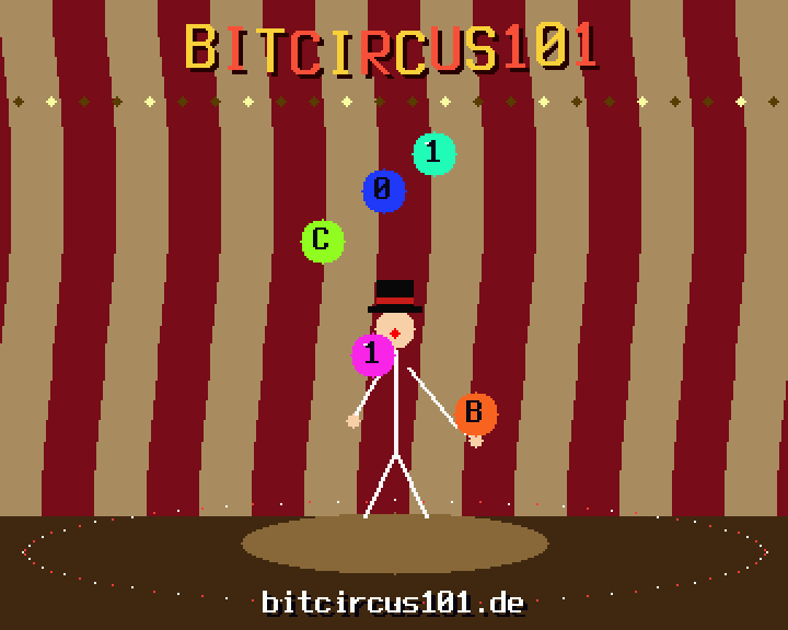 The clown juggles the letters of the name in a five-ball cascade.
